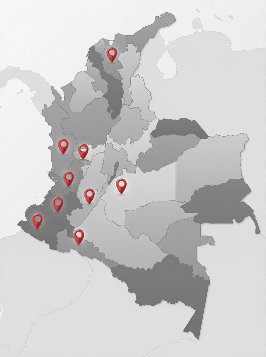 Mapa de Colombia con marcadores en los departamentos donde Villalobos ha ejecutado proyectos